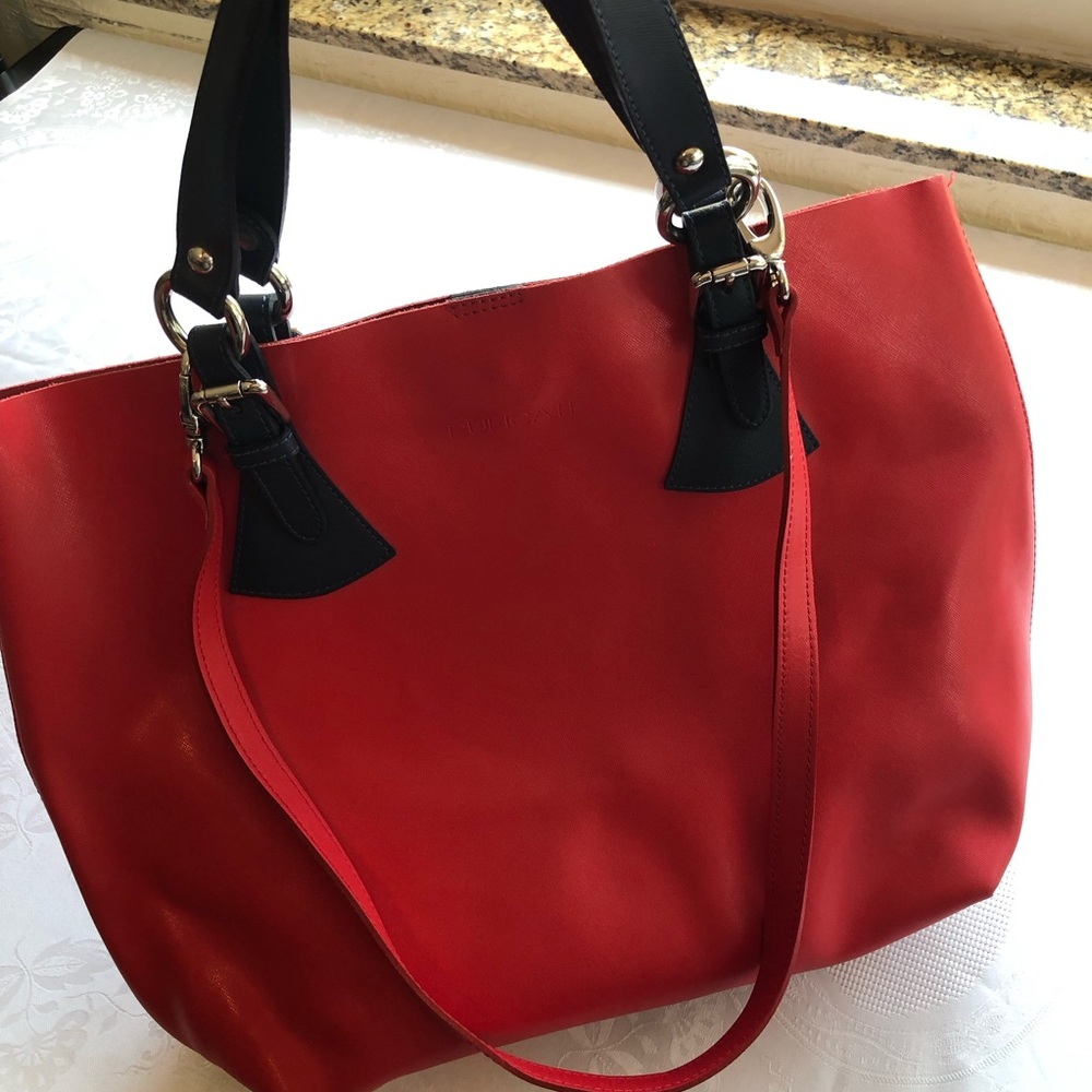 PULICATI Red Leather Shoulder Crossbody Tote Bag Navy Accents Made In Italy